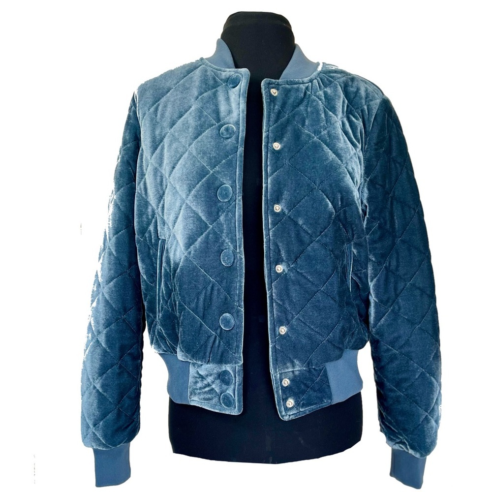 7 For All Mankind | Slate Blue Velvet Quilted Bomber Jacket, XS